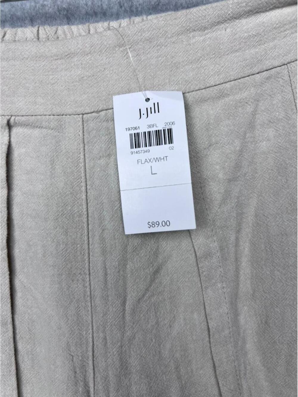 Pure Jill Linen Wide Leg Pants L Beige Striped Border Hem Crop Coastal Boho New - Picture 8 of 11